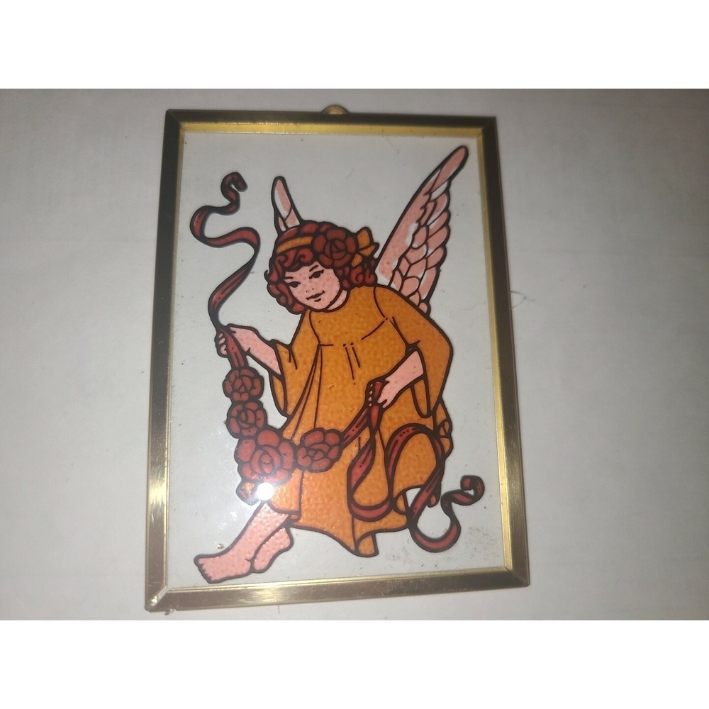 Vintage 70s hand painted faux stained glass Flower angel MCM Christmas Ornament